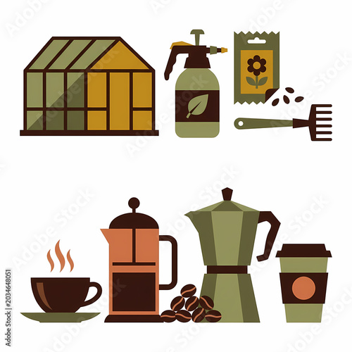 Graphic showcases gardening tools: greenhouse, spray bottle, seed pack, rake. Coffee items: cup, French press, Moka pot, beans.
