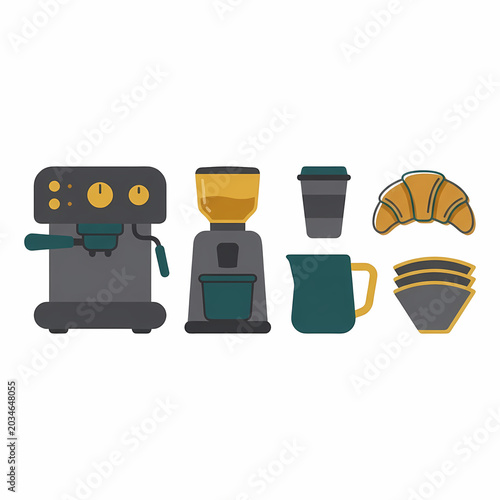 Horizontal graphic shows coffee items: espresso machine, grinder, disposable cup, croissant, milk pitcher, and paper filters.