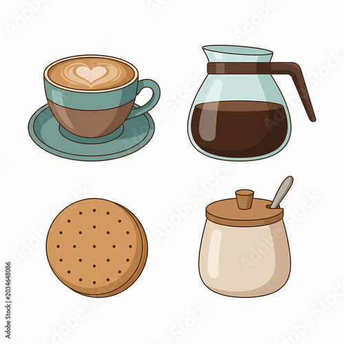 Heart latte art cappuccino, saucer, full coffee carafe, round biscuit, and sugar bowl with spoon. Cozy coffee essentials.