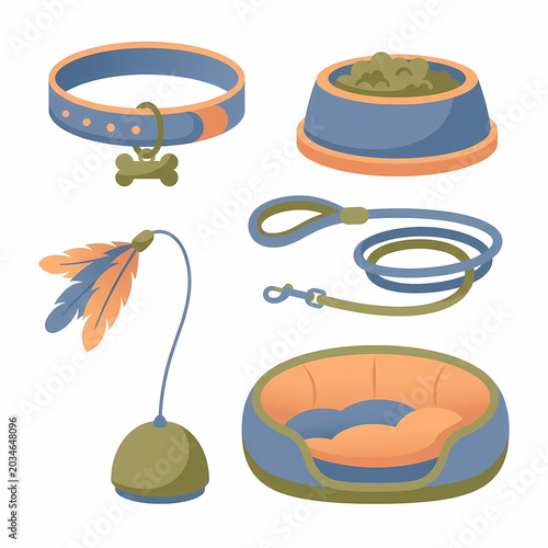 A vibrant blue and orange pet collar, a food bowl filled, a coiled leash, a feather toy, and a soft pet bed.