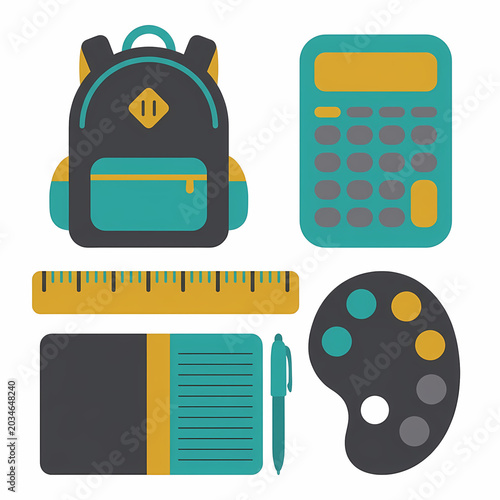 A vivid arrangement of school-themed items featuring a dark grey and teal backpack, a matching teal and yellow calculator, a long yellow ruler, and a notebook with pen alongside an artist's palette.