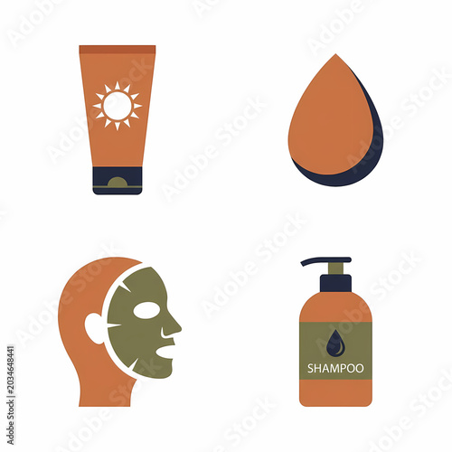 Skincare and hair care essentials: sunscreen, beauty blender, facial mask profile, and shampoo bottle with droplet, in warm earthy tones.