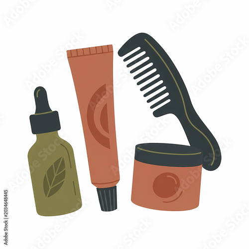 Natural beauty products: dropper bottle with leaf, cream tube, cosmetic jar, and wide-tooth comb, in earthy, warm, minimalist style.