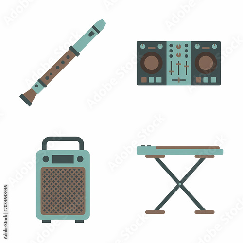 A distinct selection of audio and music instruments, comprising a detailed flute, a professional DJ mixer, a compact speaker, and a sturdy keyboard stand.