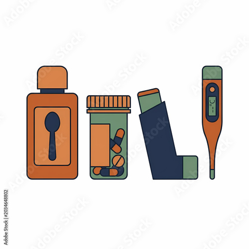 Flat design icons display essential medical supplies: a syrup bottle, pill bottle, asthma inhaler, and digital thermometer.