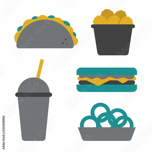 A graphic illustration of popular fast food items, including a taco, popcorn, sandwich, drink, and onion rings.