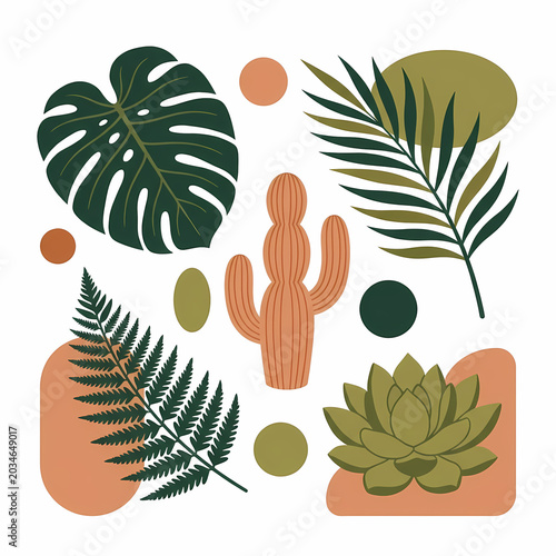 A delightful bohemian-inspired collection of botanical elements featuring a monstera leaf, a palm frond, a fern, a vibrant cactus, and a beautiful succulent, surrounded by organic shapes.