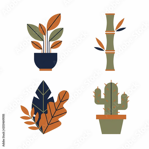 A stylized collection of diverse plant icons featuring a potted leafy green plant, tall bamboo stalks, a beautiful cluster of autumnal leaves, and a potted desert cactus.