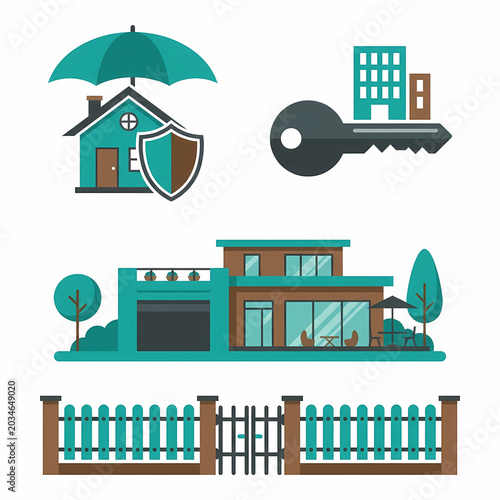 A vibrant vector illustration showcasing a house protected by an umbrella and shield, a key with urban buildings, a modern home with landscaping, and a secure fence with a gate.