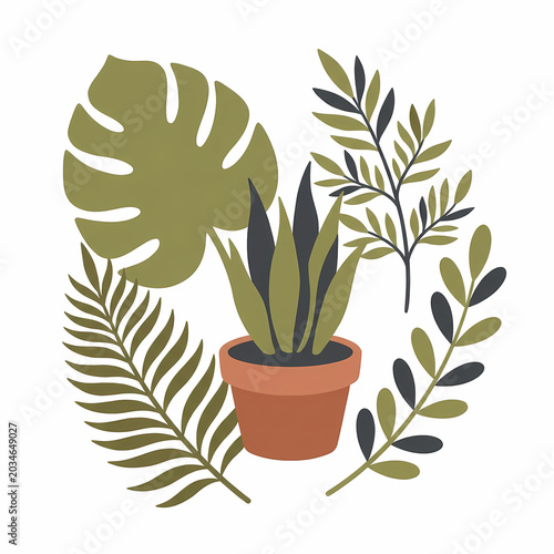 Detailed illustration showcasing a vibrant potted snake plant surrounded by a diverse collection of green tropical and botanical leaves, forming a stylish, natural arrangement.