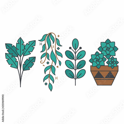 A charming illustrative collection presenting four distinct green botanical elements in a row, featuring varied leafy plants and a delightful potted succulent.