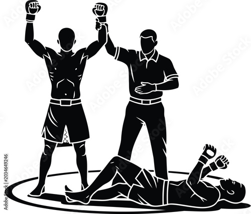 фотографія Boxing referee raising winner’s hand over defeated opponent silhouette illustrat