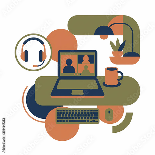 A stylized flat illustration of a modern home office workspace, featuring a laptop displaying a video call, over-ear headphones, a desk lamp, a plant, and a coffee mug, alongside keyboard and mouse.