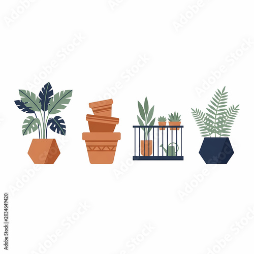 A diverse collection of potted houseplants and terracotta pots, including a broad-leaf plant, a fern-like plant, and miniature plants on a shelf, all in a flat vector style.