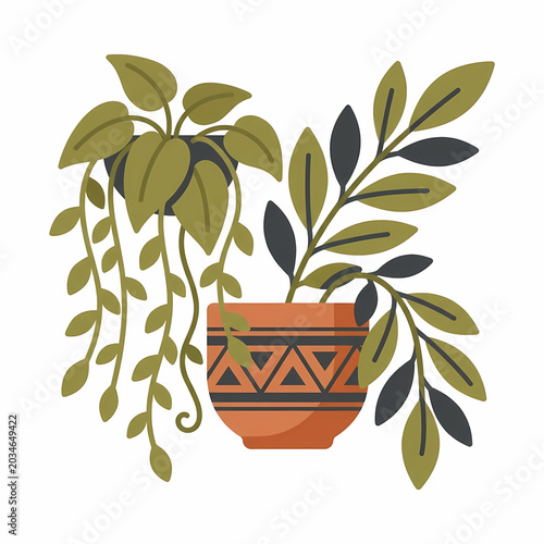 A charming pair of indoor plants featuring a lush hanging plant with cascading vines in a dark pot, alongside a leafy plant in a decorative orange geometric pot.