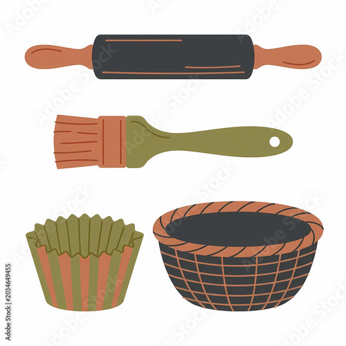 Essential baking tools depicted with a simple flat design, featuring a classic wooden rolling pin, a brown pastry brush, a green striped cupcake liner, and a round woven basket.