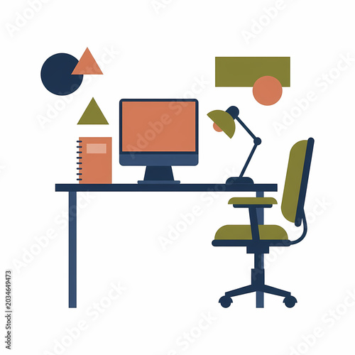 A cozy home office setup features a minimalist desk with a computer monitor, an adjustable desk lamp, a comfortable office chair, and abstract geometric shapes floating nearby.