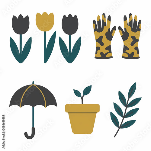 A minimalist flat vector illustration showcasing a selection of springtime and gardening essentials, including stylized tulips, a pair of patterned gloves, an umbrella, and fresh plant elements.