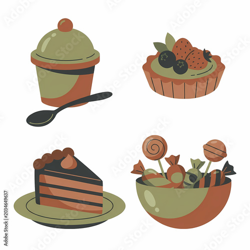 A delightful assortment of festive desserts, featuring a charming cupcake, a berry-laden fruit tart, a rich chocolate cake slice, and a vibrant bowl of wrapped candies.