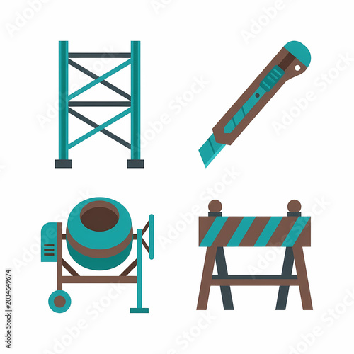 Essential construction site elements are highlighted, including a robust scaffolding structure, a versatile utility knife, a durable cement mixer, and a clear road barrier for safety.