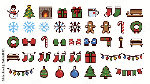 Retro Winter Holiday Pixel Art Asset Pack with Festive Objects