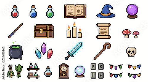 Retro Fantasy Magic Shop Pixel Art Asset Pack with Wizard Objects