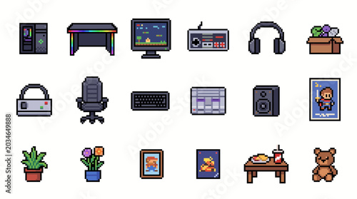Kawaii Gaming Setup Pixel Art Objects Retro RPG Sprite Sheet
