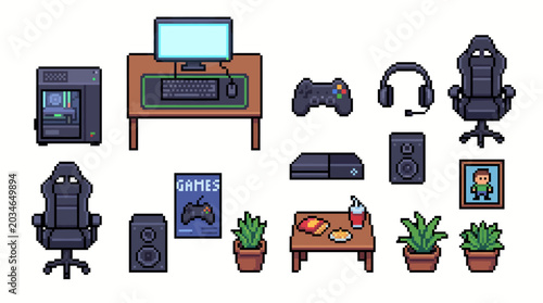 Retro Gaming Room Pixel Art Asset Pack with Gamer Setup Objects