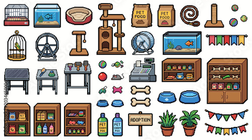 Retro Pet Shop Pixel Art Asset Pack with Cute Animal Store Objects