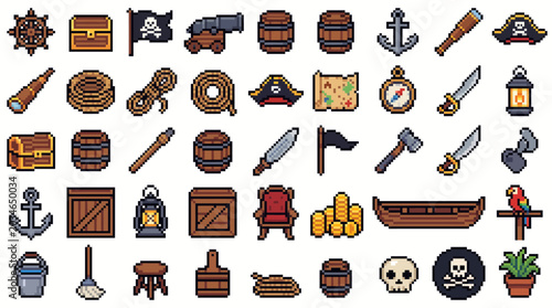 Cute Pixel Art Pirate Ship Sprite Sheet Retro 8 Bit Assets