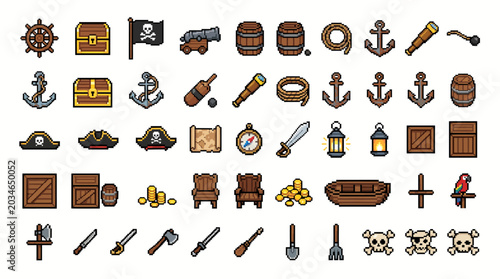 Retro Pirate Ship Pixel Art Asset Pack with Nautical Adventure Objects