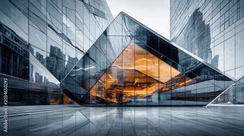 Sleek futuristic office building with a reflective glass facade bold geometric patterns clean architectural crisp reflections of the surrounding cityscape