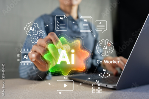 Tableau sur toile Business Person Working with AI Co-Worker and Virtual Assistant Laptop Interface