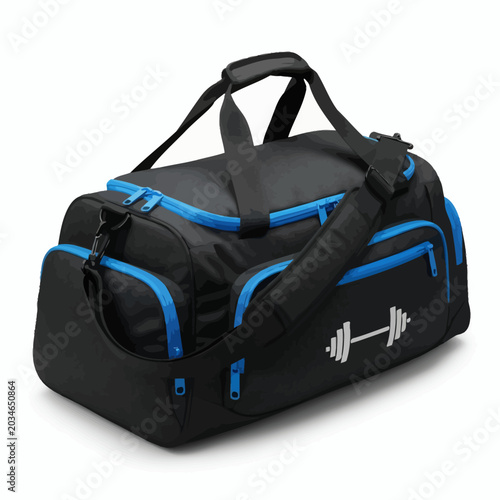 Sporty black gym bag with blue accents and barbell icon