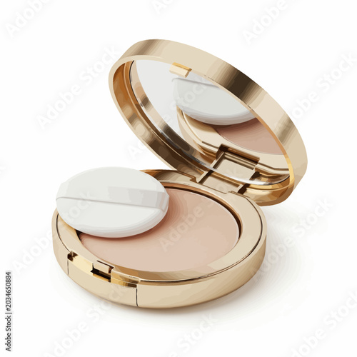 Open gold makeup compact with mirror and powder puff