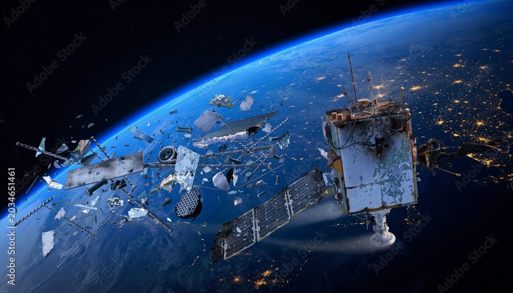 Naklejka premium Earth Orbit Crowded with Satellite Debris and Space Junk Technology Crisis, Ai generated