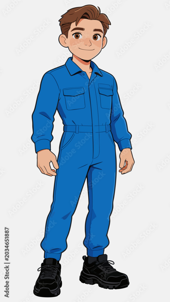 Fototapeta premium Cartoon Young Male Worker in Blue Coveralls