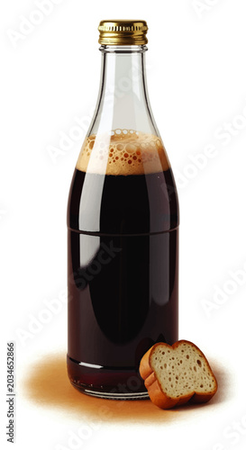 Traditional Dark Fermented Kvass Drink in a Glass Bottle with Bread Slice on White Background
