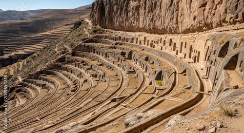 Ancient Terraced Cliffs and Ruins on a Sunny Mountain Landscape
