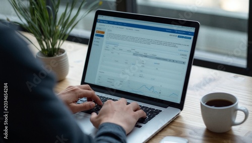 Payroll digital management system showing person operating financial software on laptop for salary calculation, tax payment and business accounting in digital fintech company setup