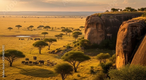 African savanna landscape with elephants and acacia trees at sunset
