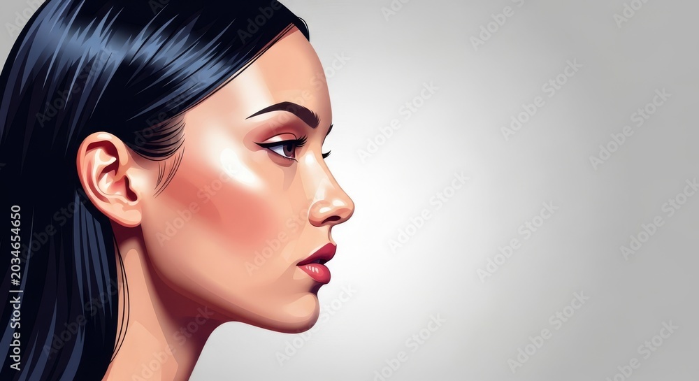 Naklejka premium Graceful side profile showcasing refined facial features and shiny dark hair, highlighted by soft lighting against a neutral background, lighting, glossy, background