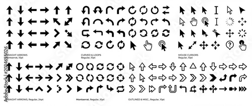 Collection of diverse arrow and cursor icons vector graphic elements for web design and UI isolated on white