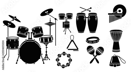 Obraz na płótnie Drum Kit and Percussion Instruments Silhouette Collection