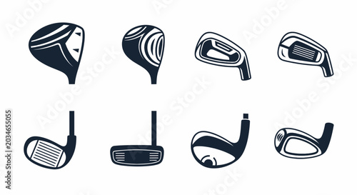 Golf Club Heads Icons Set - Driver, Iron, Wood, Putter - Vector Art