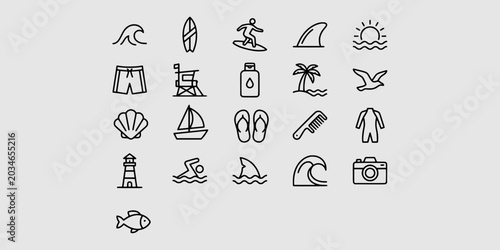 Foto Icon set collection of summer beach vacation and surfing elements featuring waves, surfboard, palm tree, lighthouse, and professional marine recreation symbols