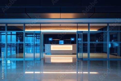 The entrance to a premium airport lounge featuring clean frameless glass doors a glowing concierge desk inside a modern architectural