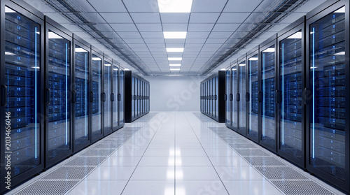 Foto Empty blue data center corridor with server racks