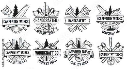 Konstfotografi Handcrafted Carpentry Works Emblem Set: Tools, Wood, Trees, Vintage Design