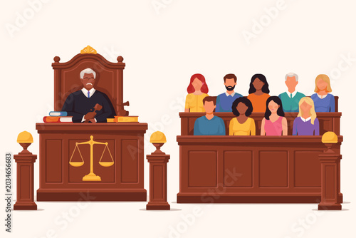 Photos Vector art featuring a legal courtroom with judges, witnesses, and people observing the session, showcasing justice and formal law environment vibes